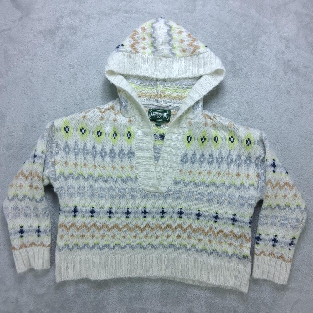 American Eagle Womens Fair Isle Hooded Knit Sweater Cream Multicolor Small